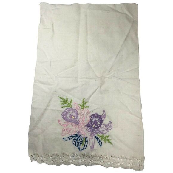 Vintage Pink Purple Needlepoint Crewel Iris Floral Napkin 18”X11” Cottagecore - Picture 2 of 5